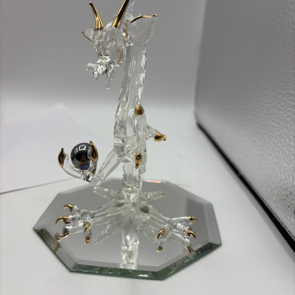 Hand Blown Clear Glass Dragon Figurine Gold Gilt Accents on Mirror Base 5"